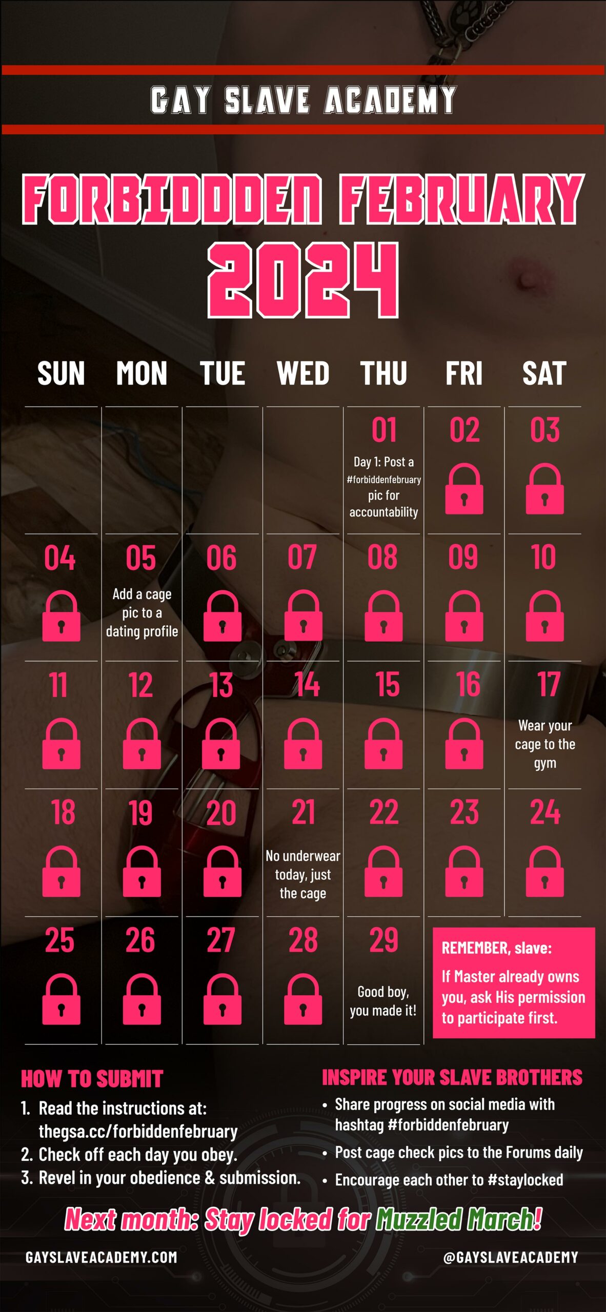 Image of a February 2024 calendar for tracking chastity challenge participation. Details at https://thegsa.cc/forbiddenfebruary