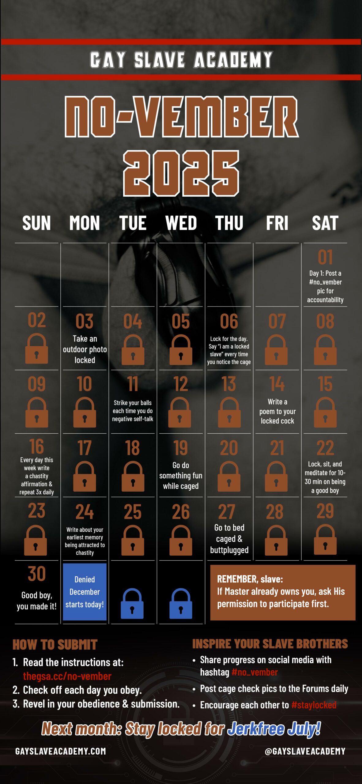 GsA-NO-vember-2025-chastity-calendar Image of November 2025 calendar for tracking chastity challenge participation. Details at https://thegsa.cc/no-vember