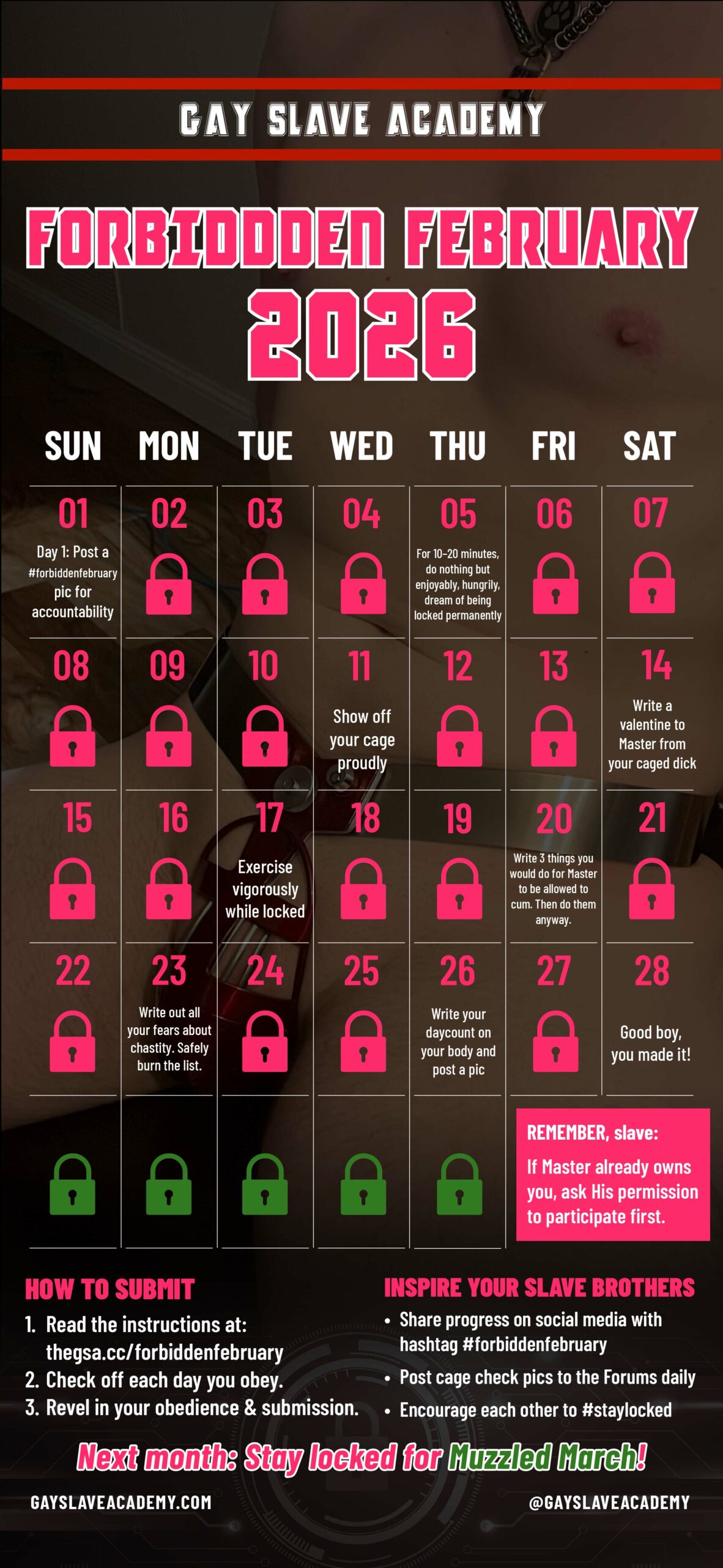 GsA-Forbidden-February-2026-chastity-calendar Image of a February 2026 calendar for tracking chastity challenge participation. Details at https://thegsa.cc/forbiddenfebruary