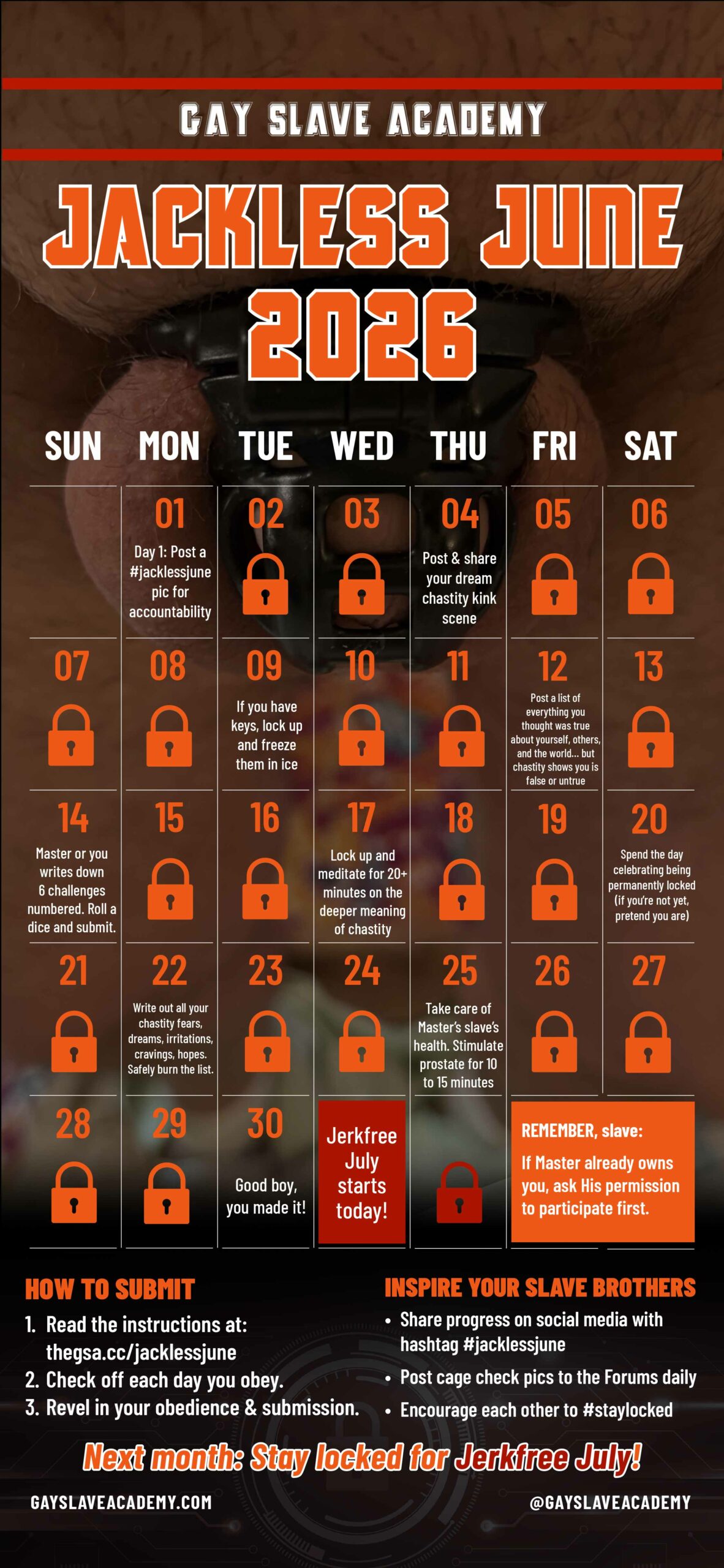GsA-Jackless-June-2025-chastity-calendar Image of an Jackless June 2026 calendar for tracking chastity challenge participation. Details at https://thegsa.cc/jacklessjune