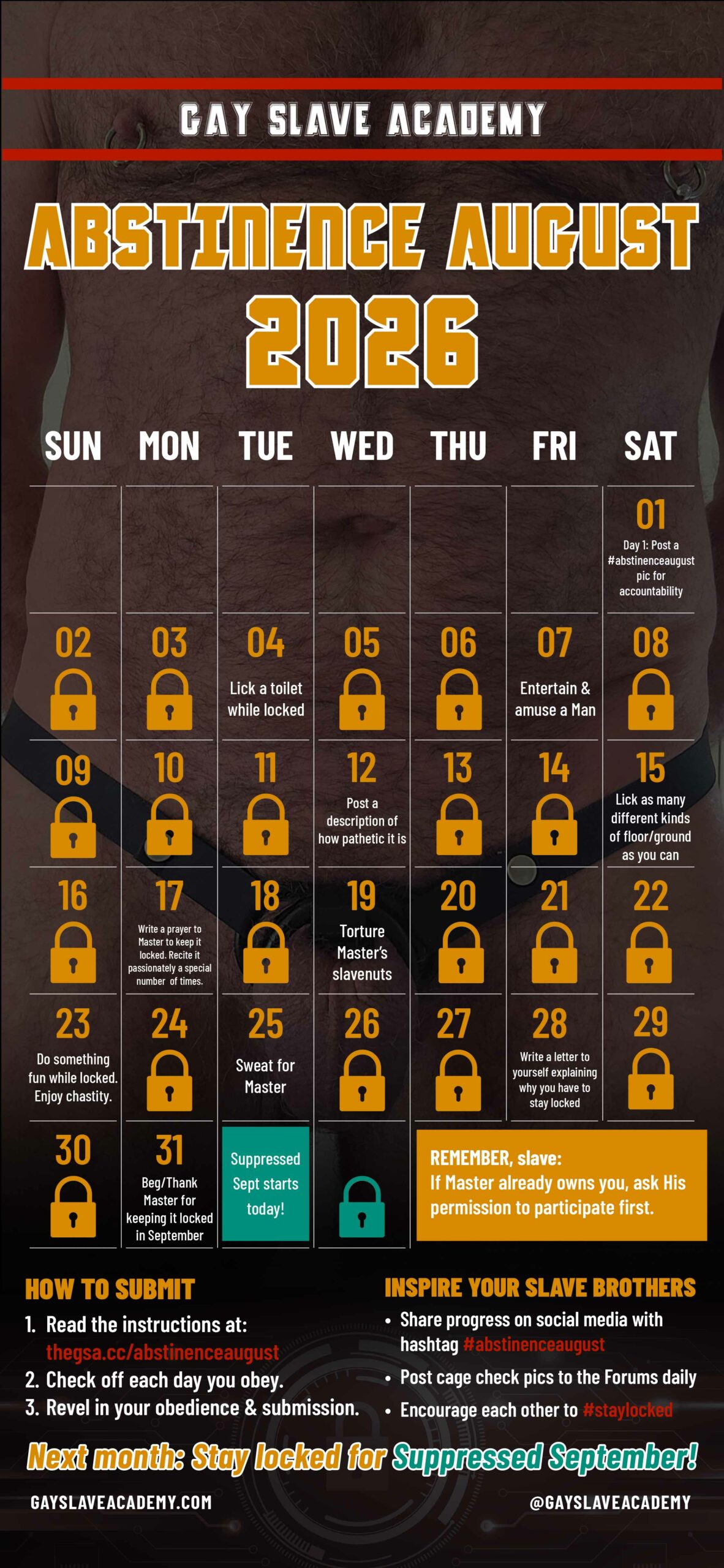 GsA-Abstinence-August-2026-chastity-calendar Image of the August 2026 calendar for tracking chastity challenge participation. Details at https://thegsa.cc/abstinenceaugust