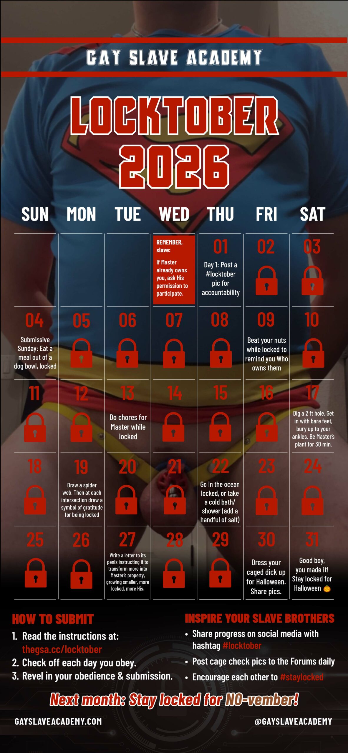GsA-Locktober-2026-chastity-calendar Image of an October 2026 calendar for tracking Locktober chastity challenge participation. Details at https://thegsa.cc/locktober